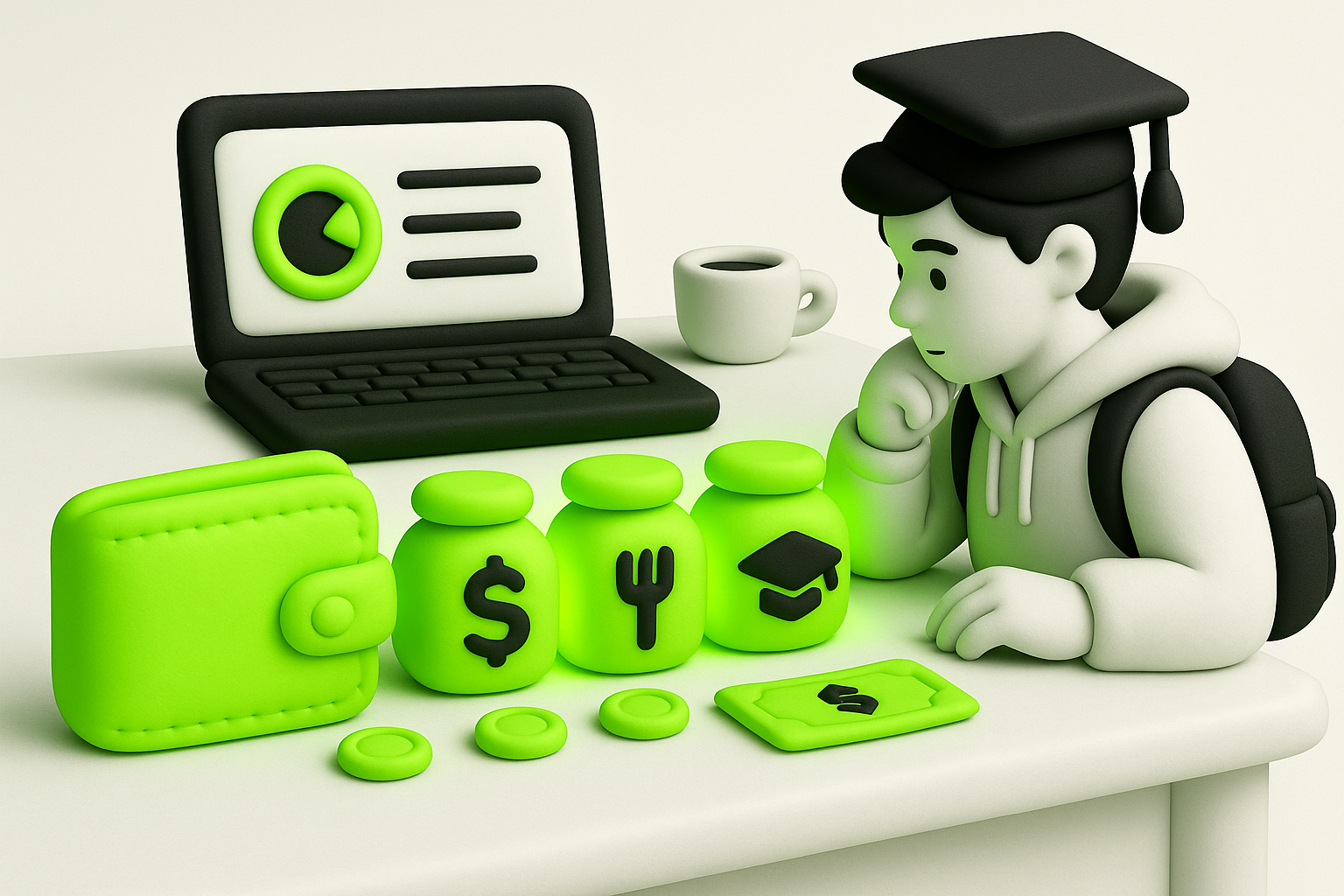 A clay-style scene showing a neon green wallet and mini money jars labeled with icons like food and school, representing budgeting. A black-and-white college student figure looks at a soft, clay laptop, planning how to spend their first $1,000.