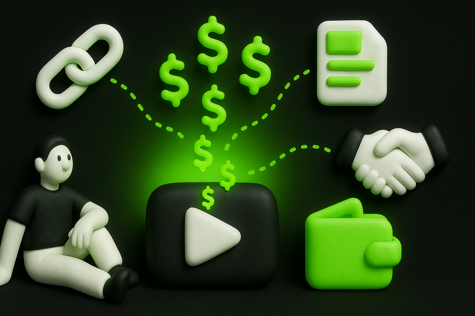 A clay-style illustration showing a YouTube play button generating passive income through icons like affiliate links, digital products, and sponsorships. Neon green dollar signs flow into a soft wallet, while a figure watches calmly. No ad symbols are shown.