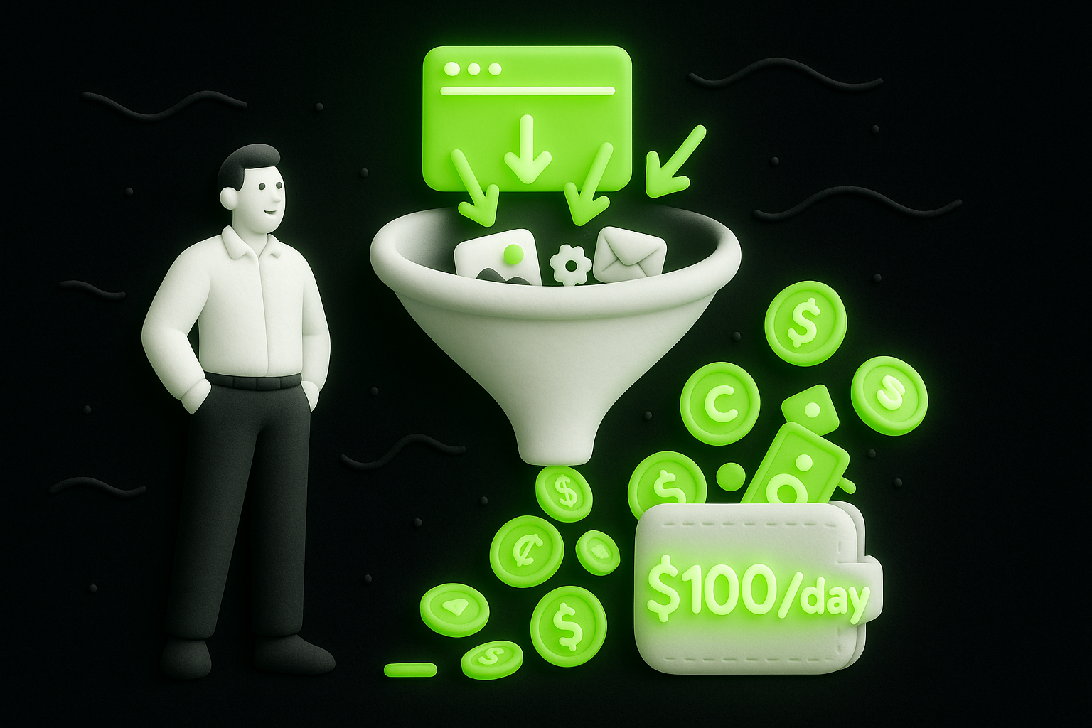 A clay-style illustration of a glowing funnel processing icons like content, products, and emails from one platform, producing steady neon green money flowing into a wallet, symbolizing $100/day passive income.