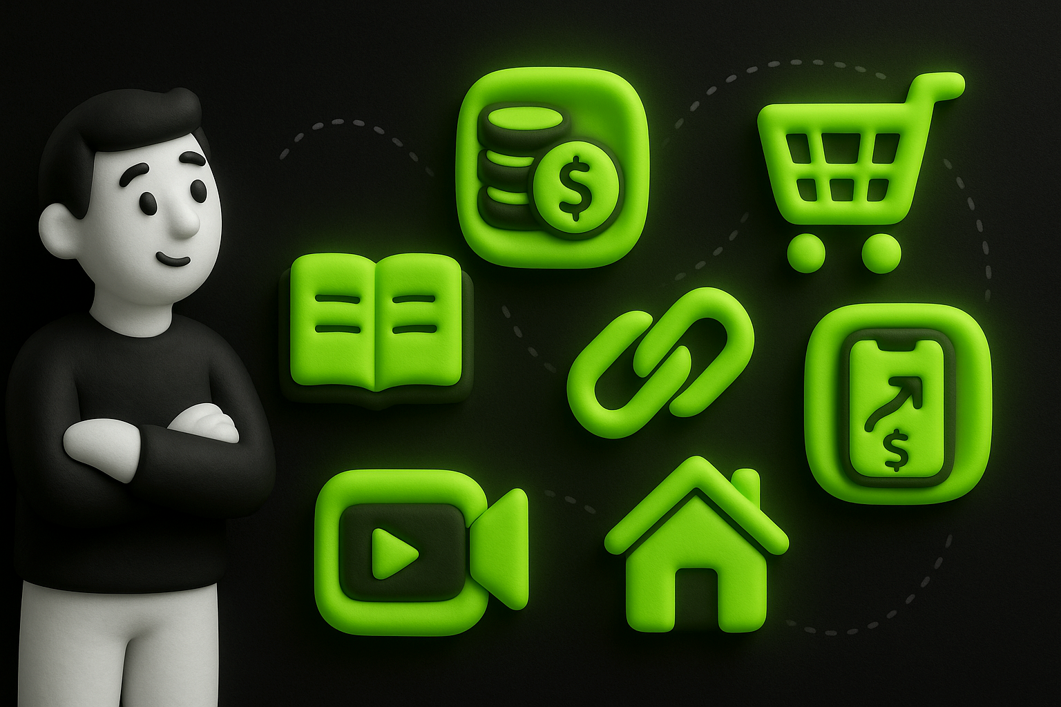 A clay-style illustration showing seven glowing neon green icons for passive income ideas, including a book, coins, cart, camera, chain link, house, and app icon, arranged in a row against a black background.